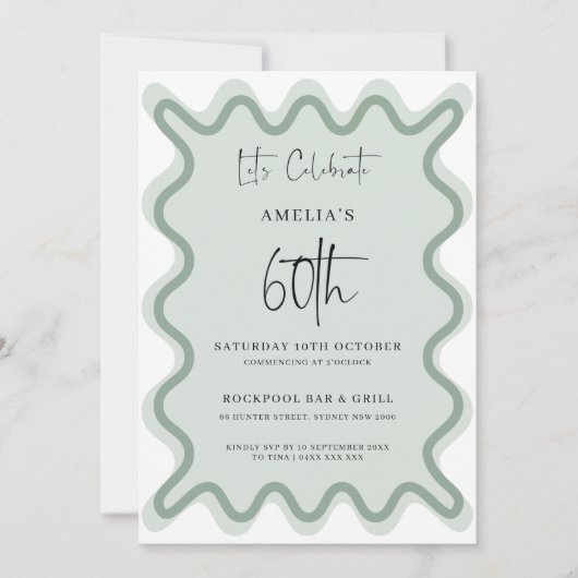 Sage Wavy Border 60e verjaardag uitnodiging (Voorkant)