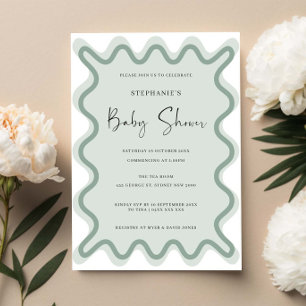 Sage Wavy Border Baby shower Invitation Kaart