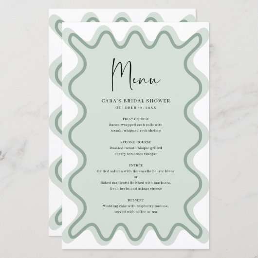 Sage Wavy Border menukaart met naam (Voorkant / Achterkant)