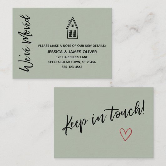 Sage "We hebben verplaatst" Kaart w / kleine huis  Visitekaartje (Voorkant / Achterkant)