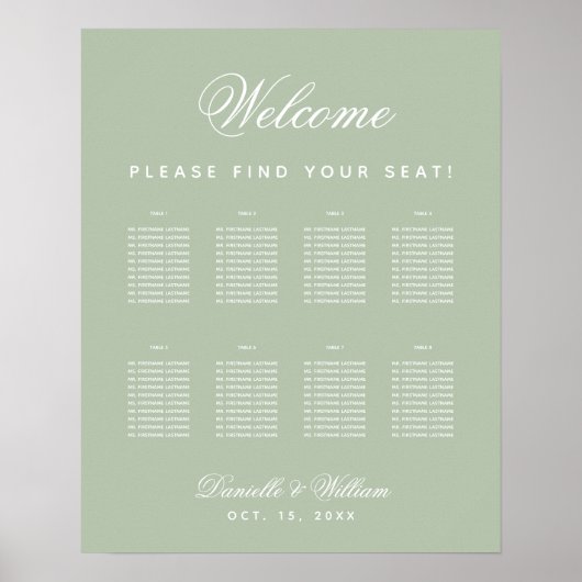 Sage Wedding 8 Table Simple Green Seating Chart Poster (Voorkant)