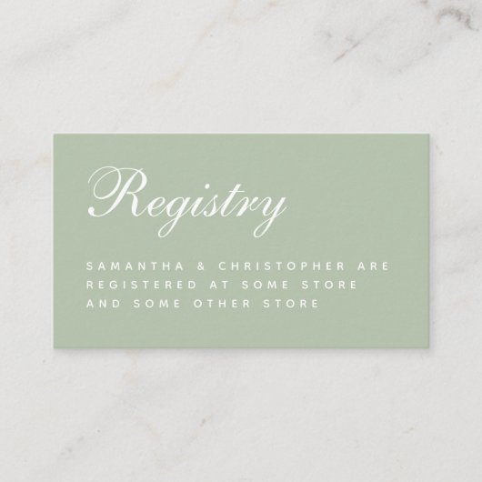 Sage Wedding Registry Elegant Script Simple Green Informatiekaartje (Voorkant)