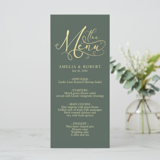 Sage Whimsical Elegant Gold Calligraphy Menu (Staand voorkant)