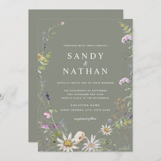 Sage Whimsical Wildflower Botanische bruiloft Kaart (Voorkant / Achterkant)