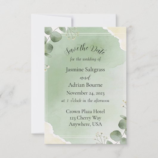Sage Whisper Botanical Save the Date Cards (Voorkant)