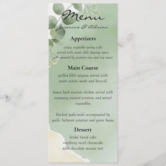 Sage Whisper Botanical Wedding Menu (Voorkant)