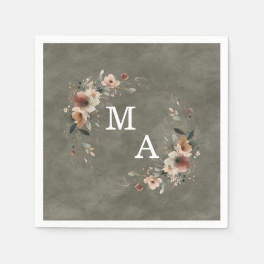 Sage Whisper Groene Bloemen Krans Bruiloft Monogra Servet (Voorkant)