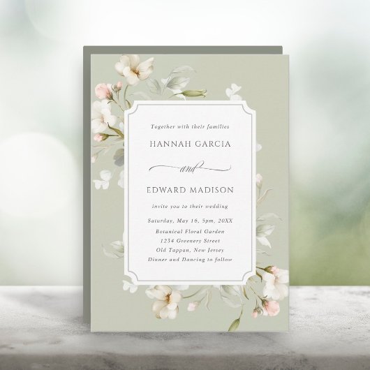 Sage White Blush Elegant Floral Wedding Kaart