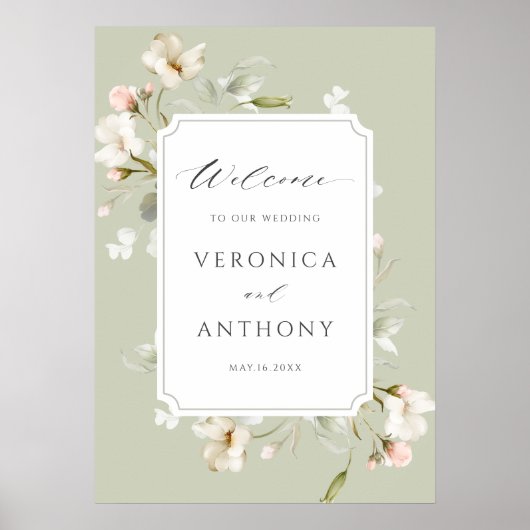 Sage White Blush Floral Weddenschap Welkom Poster (Voorkant)
