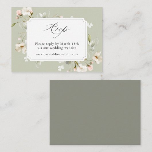 Sage White Blush Floral Wedding Website RSVP Informatiekaartje (Voorkant / Achterkant)