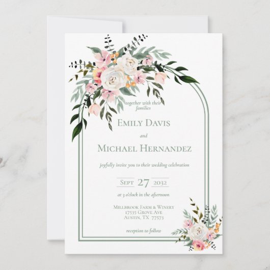 Sage White Blush Peach Floral Arch Invitation Kaart (Voorkant)