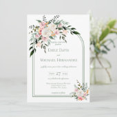 Sage White Blush Peach Floral Arch Invitation Kaart (Staand voorkant)