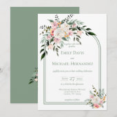 Sage White Blush Peach Floral Arch Invitation Kaart (Voorkant / Achterkant)