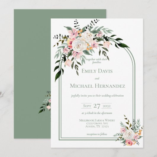 Sage White Blush Peach Floral Arch Invitation Kaart (Voorkant / Achterkant)