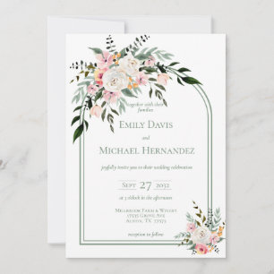 Sage White Blush Peach Floral Arch Invitation Kaart