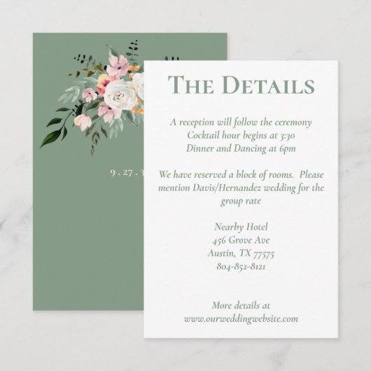 Sage White Blush Peach Floral Details Kaart (Voorkant / Achterkant)