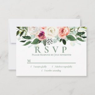 Sage White Blush Peach Floral RSVP Kaartje