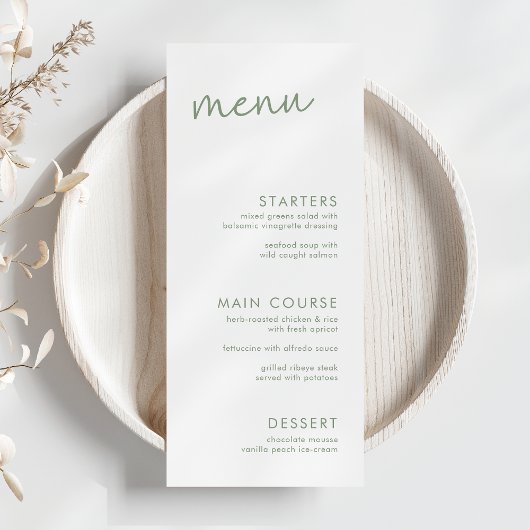 Sage & White Minimalist Script-Vrijgezellenfeest Menu