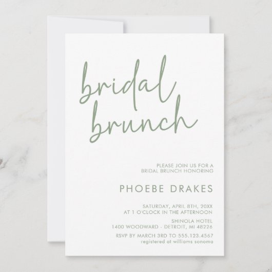 Sage & White Minimalistische Script Bruids Brunch Kaart (Voorkant)
