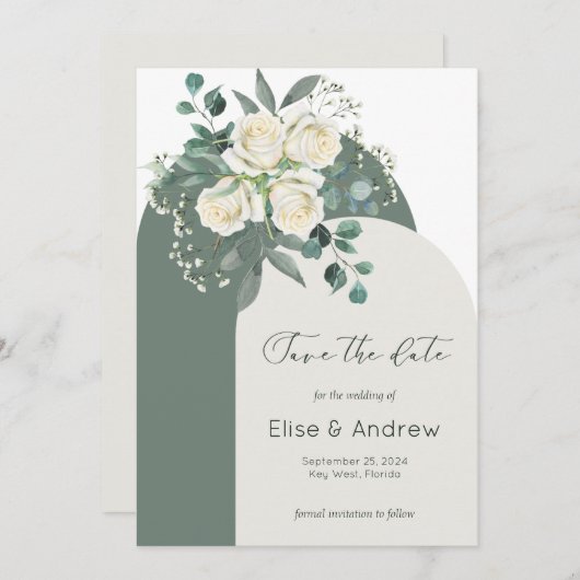 Sage & White Roses Boog Frame Save-the-Date Kaart (Voorkant / Achterkant)