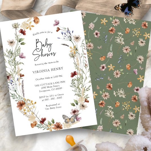 Sage Wildflower Baby shower Invitation Kaart