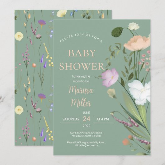 Sage Wildflower Baby shower Kaart (Voorkant / Achterkant)