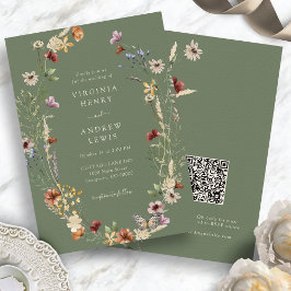 Sage Wildflower Boho QR Code Wedding Kaart
