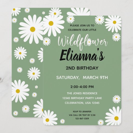 Sage Wildflower Daisy Meisje Verjaardag Uitnodigin Kaart (Voorkant / Achterkant)