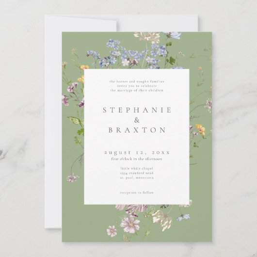 Sage Wildflower Garden Elegant Wedding Kaart (Voorkant)