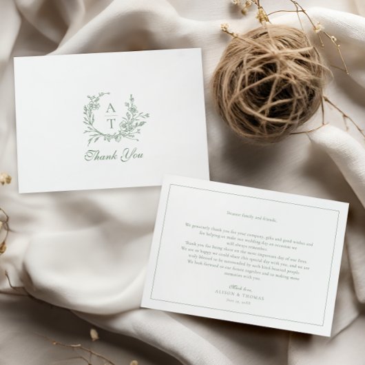 Sage Wildflower Monogram Bruiloft Dank u kaart