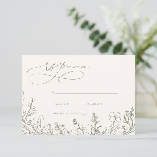 Sage Wildflowers Woodland Garden Floral Wedding RSVP Kaartje (Staand voorkant)