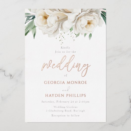 Sage & Wit Bloemen Roos Gouden Bruiloft Folie Uitnodiging (Voorkant)
