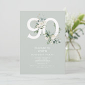 Sage Witte Bloemen Elegante 90ste Verjaardag Party Kaart (Staand voorkant)