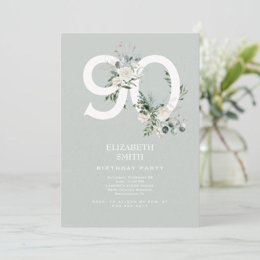 Sage Witte Bloemen Elegante 90ste Verjaardag Party Kaart (Staand voorkant)