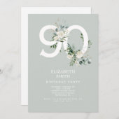 Sage Witte Bloemen Elegante 90ste Verjaardag Party Kaart (Voorkant / Achterkant)