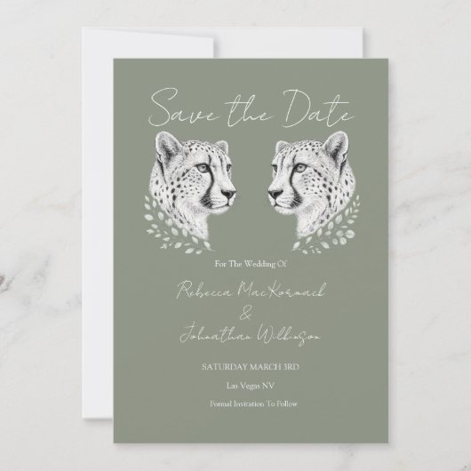Sage Witte Elegant Modern Design Cheetah Bruiloft Save The Date (Voorkant)