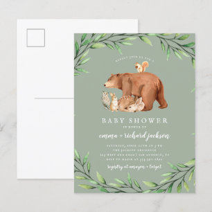 Sage Woodland Greenery Forest Animals Baby shower Uitnodiging Briefkaart
