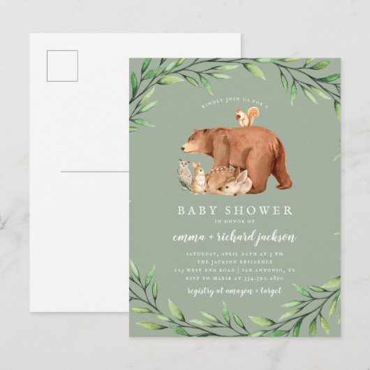 Sage Woodland Greenery Forest Animals Baby shower Uitnodiging Briefkaart (Voorkant / Achterkant)