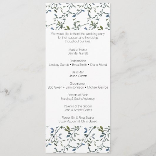 Sage Zilver Groen Bloemen Bruiloft Programma Programmakaart (Achterkant)