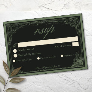 Sage Zwart Vintage Botanische Trellis Boog Bruilof RSVP Kaartje