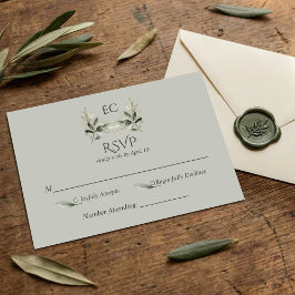 SageGreen Olive Branch Monogram Wedding RSVP Kaartje