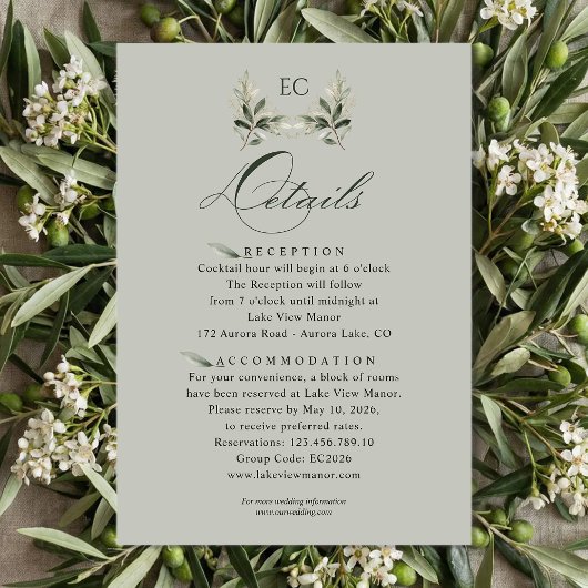 SageGreenOlive Branch Monogram Wedding Details Informatiekaartje