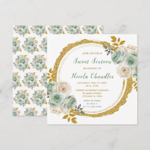 Sagegroen en gouden elegante bloemen Sweet Sixteen Kaart