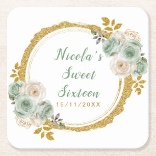 Sagegroen en gouden elegante bloemen Sweet Sixteen Kartonnen Onderzetters