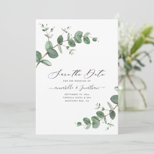 Sagegroen Eucalyptus botanical folious modern Save The Date (Staand voorkant)