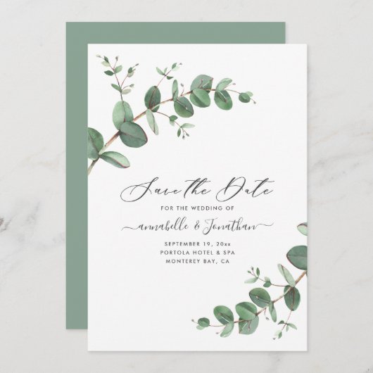 Sagegroen Eucalyptus botanical folious modern Save The Date (Voorkant / Achterkant)