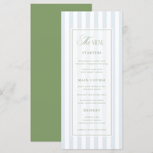 Sagegroen & Kustblauw Elegante Strepen Bruiloft Menu (Voorkant / Achterkant)