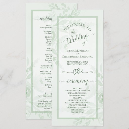 Sagegroene Aquarel Pioenrozen Elegante Boho Bruilo Programmakaart (Voorkant / Achterkant)