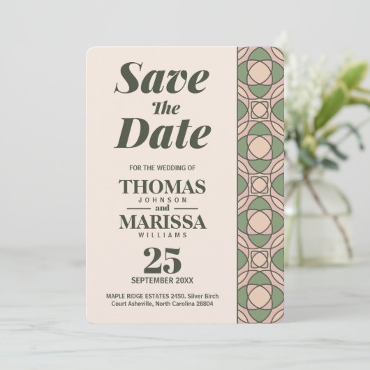 Sagegroene Art Deco Trouwkaart Save the Date (Staand voorkant)