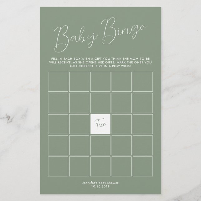 Sagegroene baby shower bingospel (Voorkant)